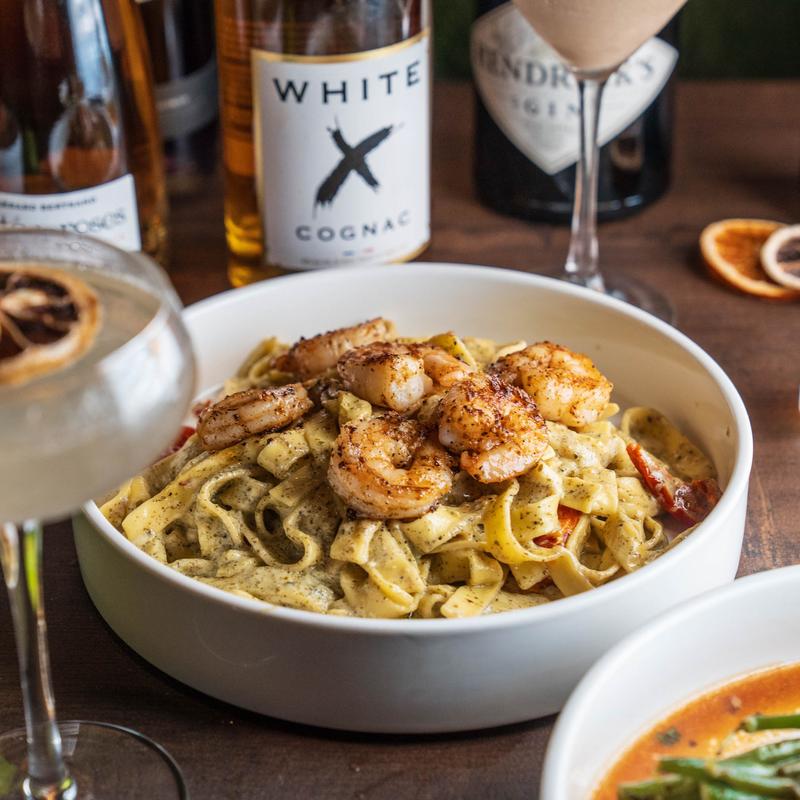 Grilled Shrimp with Pesto Cream Sauce Pasta photo