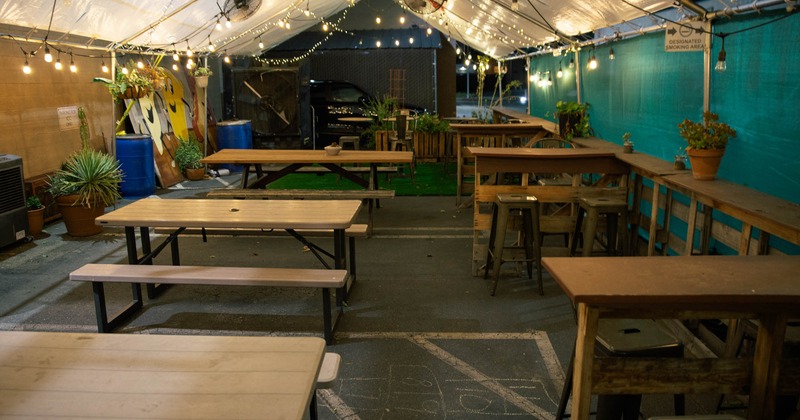 Inside, wooden tables and chairs, decoration