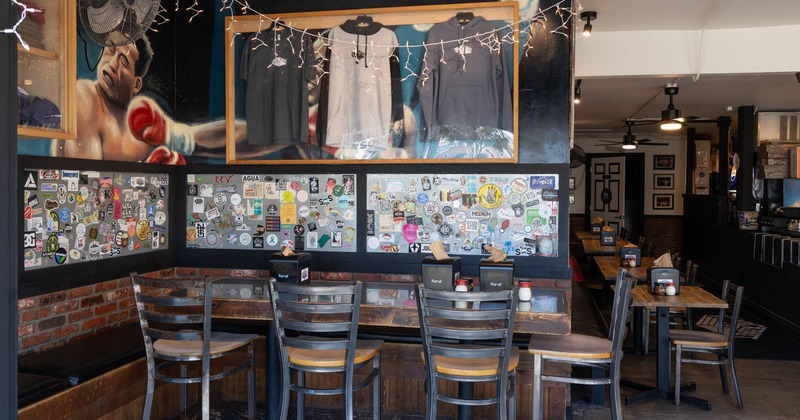 Interior, tall table and bar stools