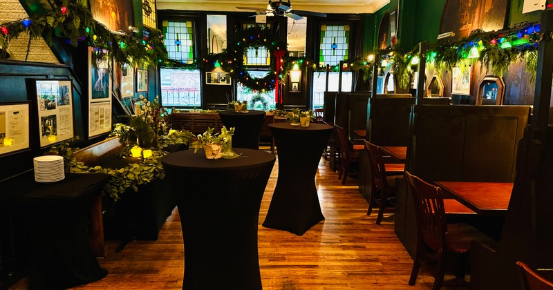 Interior, dining tables and chairs, decoration on the wall