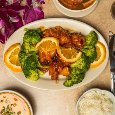 Orange chicken with broccoli.