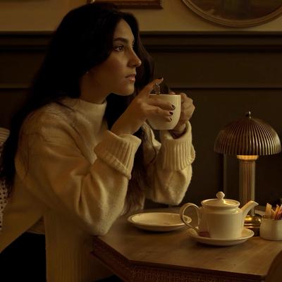 A person holding a coffee cup at a cafe table.