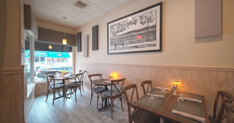 Interior, seating area with tables and chairs