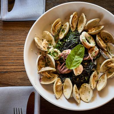 Squid in pasta with clams.