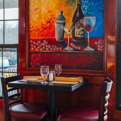 A table for two with glasses and bar chairs, standing by a wall with a colorful painting.