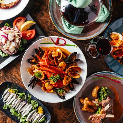 Assortment of food plates, overhead view.