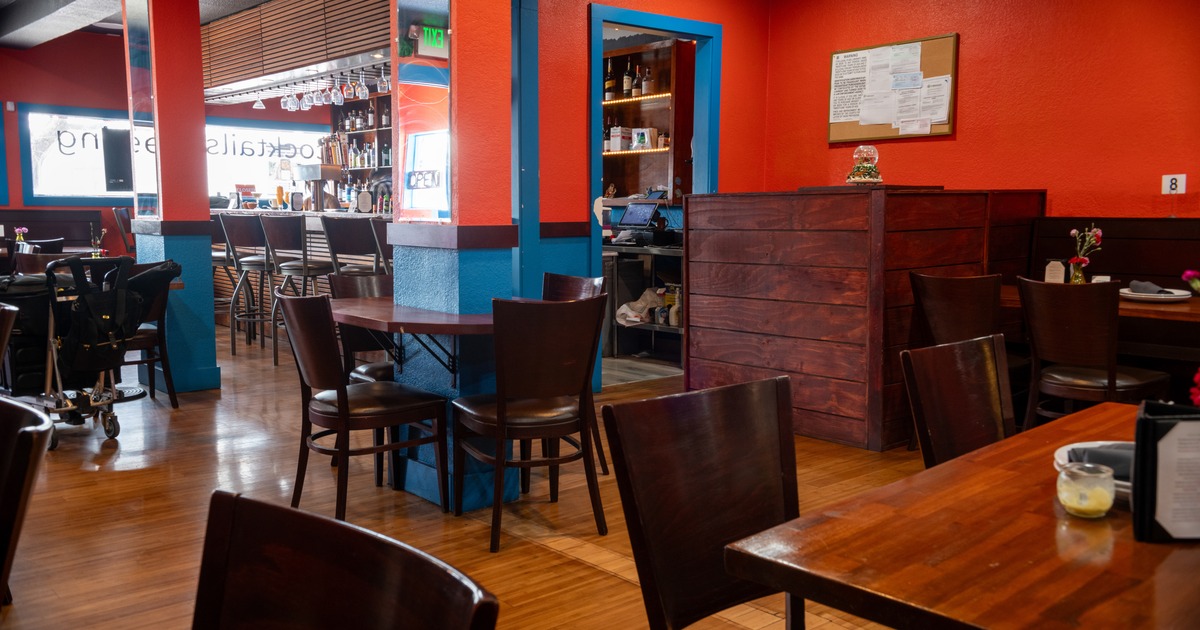 Interior, dining space with red walls