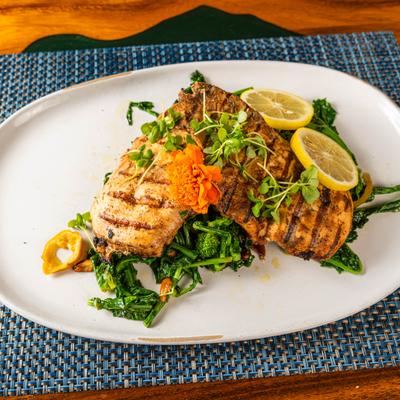 Grilled salmon on a bed of greens.