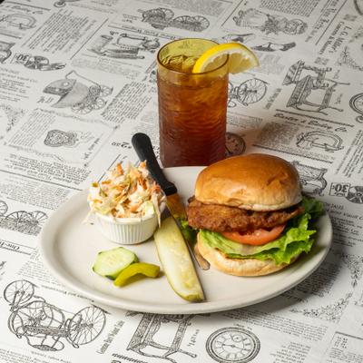 Chicken sandwich and a drink.