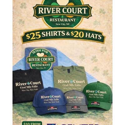 Advertisement for restaurant branded shirts and hats.