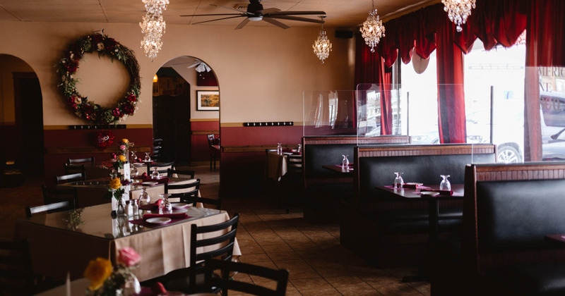 Restaurant interior, booths and guest tables