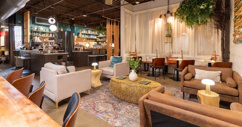 Interior, modern café with varied seating, a bar, plants, and contemporary decor