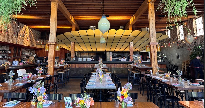 Seating area, tall tables and bar stools