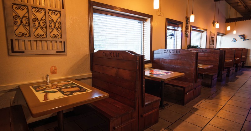 Interior, tables and wooden booths