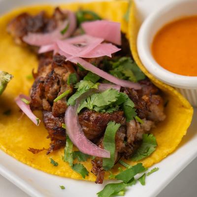 Carnitas taco, close up.