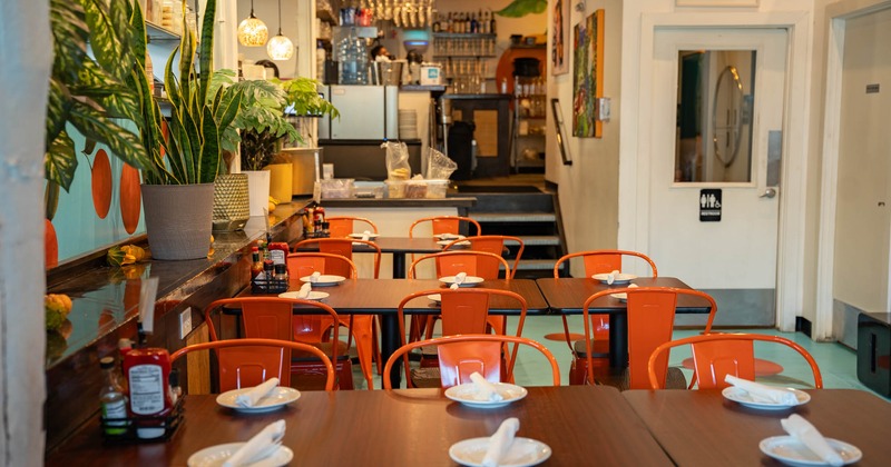 Interior, set tables and chairs lined up
