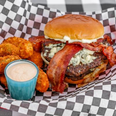 Black-n-Bleu Double Patty with sauce and tots.