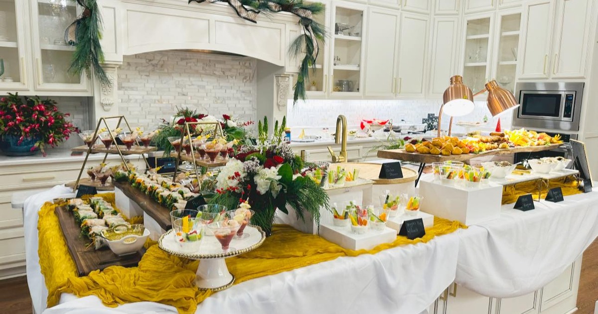 Tables filled with served food for an event