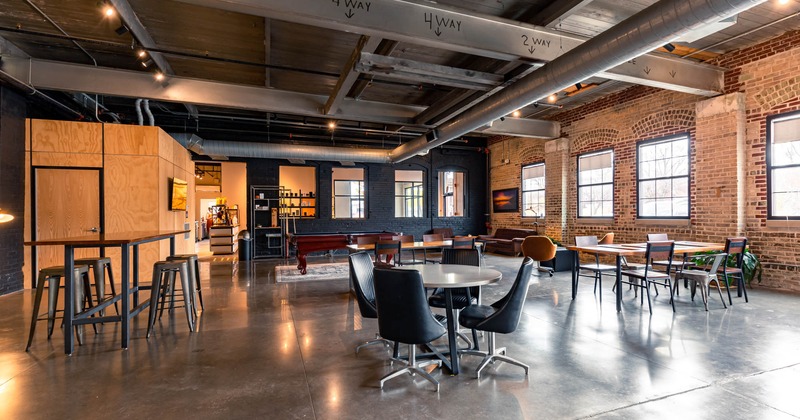 Interior, tables, chairs, pool table, windows, ventilation, lighting