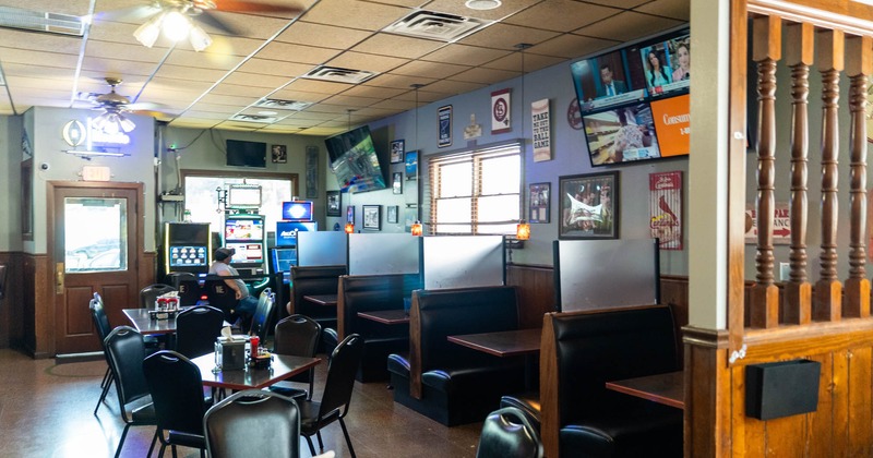 Interior, tables, chairs and seating booths