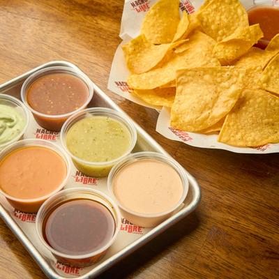 Tortilla chips and dipping sauces.