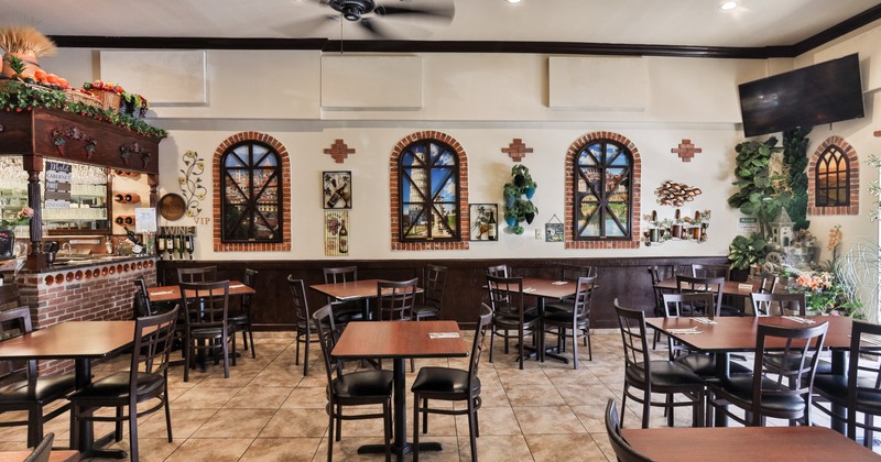Interior, dining area with decorative windows