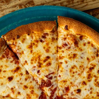 A close-up view of a cheese pizza.