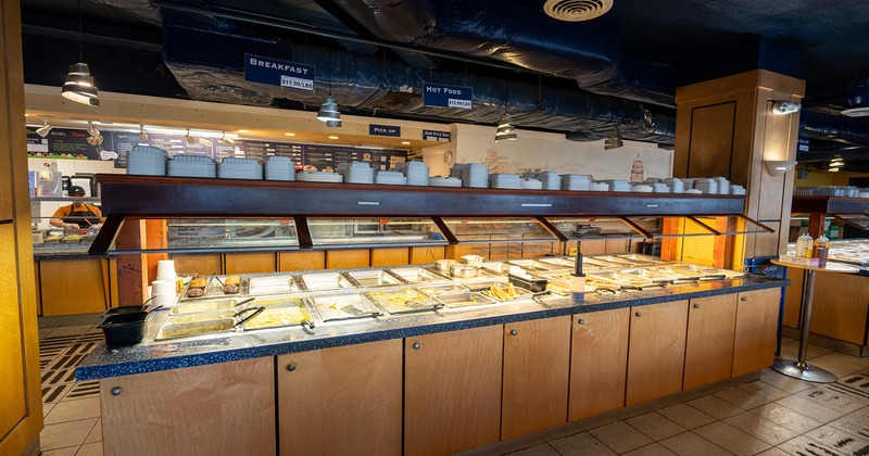 Interior,  buffet table with various foods