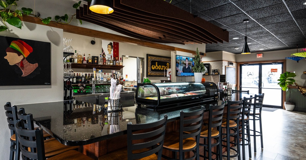 Interior, bar area, bar and bar stools