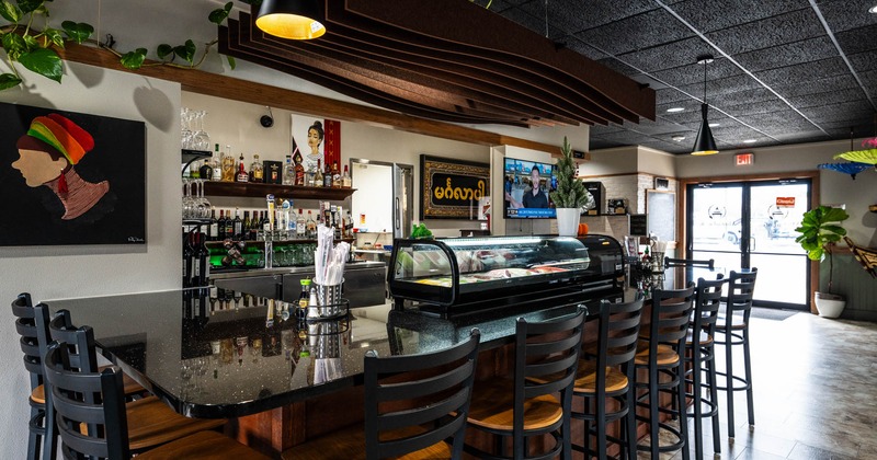 Interior, bar area, bar and bar stools