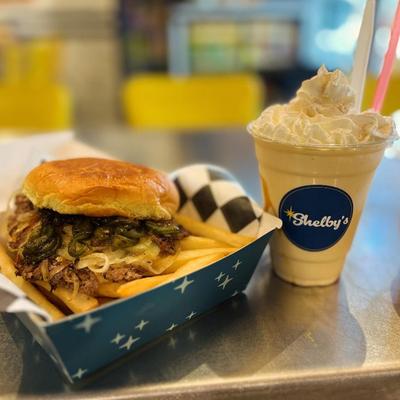 Cheeseburger, fries, and milkshake.