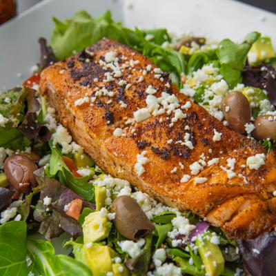 Salmon salad, close-up.