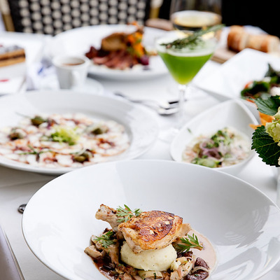 Different dishes spread on a table.