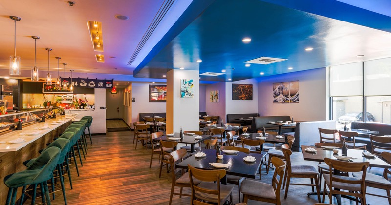 Interior, sushi bar and dining area, wide view