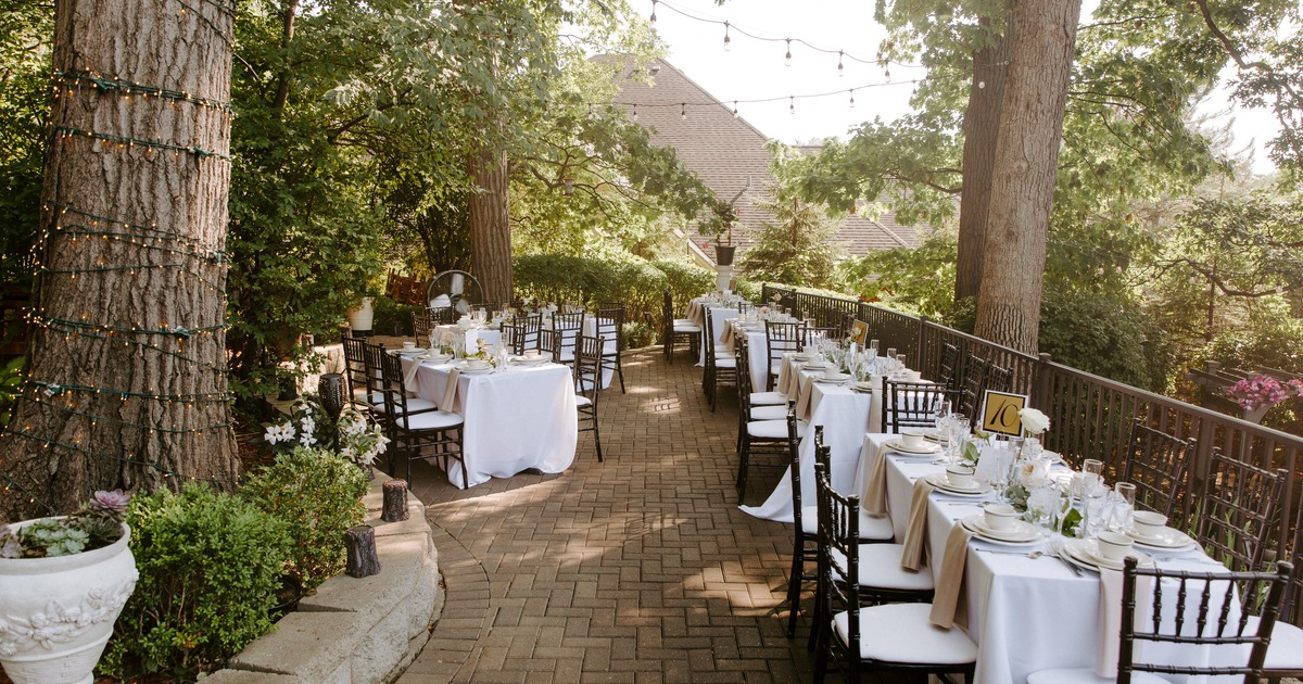 Upper outdoor terrace, dining tables and trees