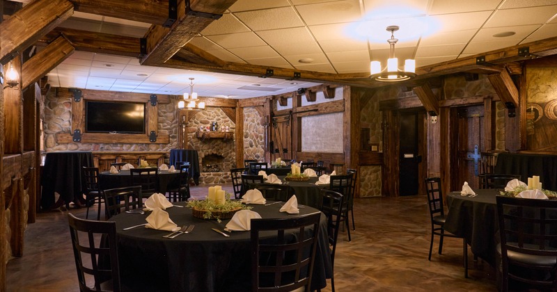 Interior, seating area with rounded tables