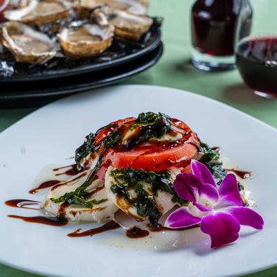 Fresh Tomato and Mozzarella, side view.