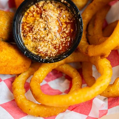 Onion rings and dip.