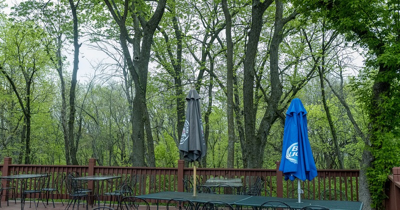 Outdoor seating area with a relaxing view of the woods