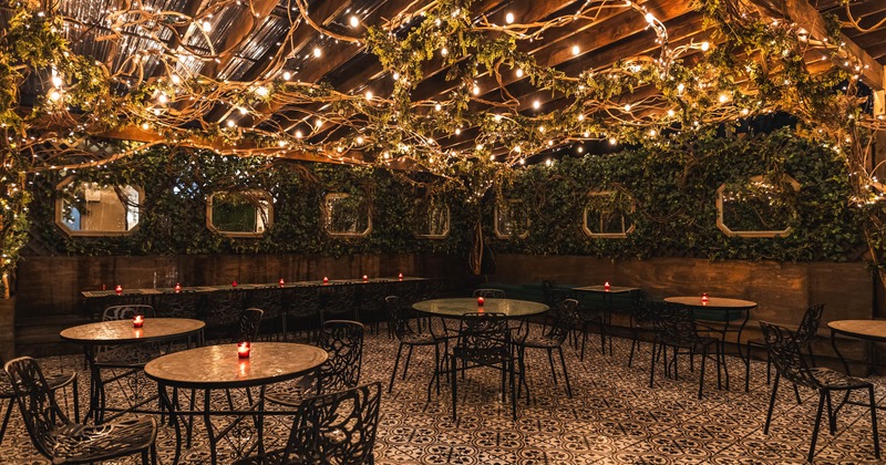 Seating area, hanging floral ornaments