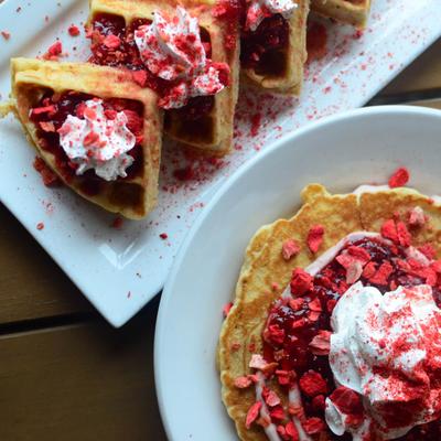 Strawberry cream cheese pancakes and strawberry fest waffles.