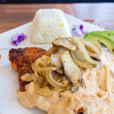 Grilled chicken in mushroom sauce.