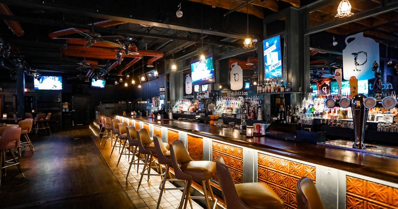 Long bar with bar stools