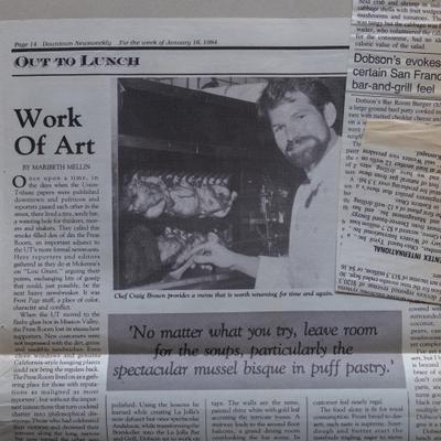 Newspaper clippings covering Dobson's Bar and Restaurant with a photo of its chef