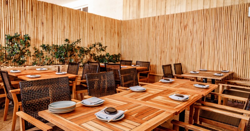 Wooden top tables for multiple people