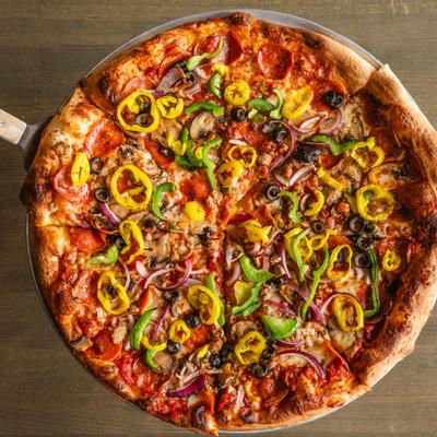 An overhead view of the Big Bad Wolf pizza.