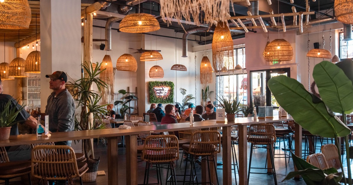 Interior, high tables and chairs