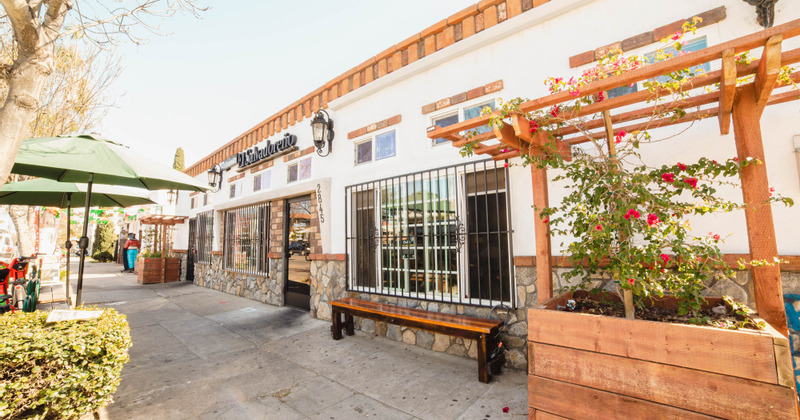 Restaurant exterior, entrance, flower decoration