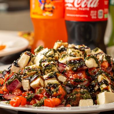 Tomato and cheese salad with pesto sauce, red onions, and balsamic drizzle.