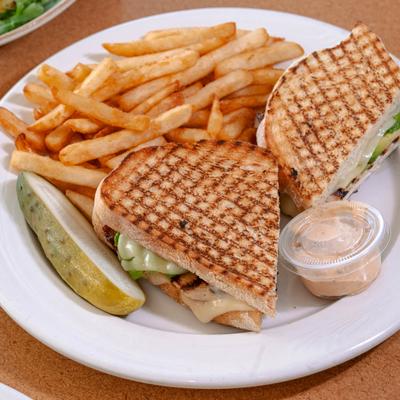 Grilled chicken panini and fries.